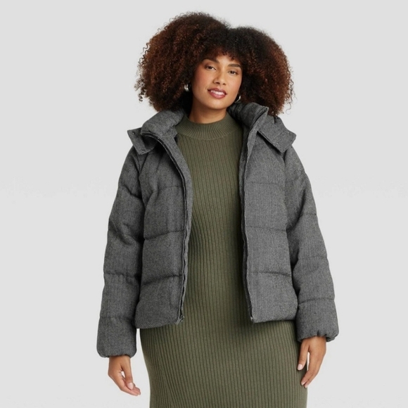 NEW! A.New.Day Gray Herringbone Hooded Puffer Jacket Size M - Picture 1 of 10